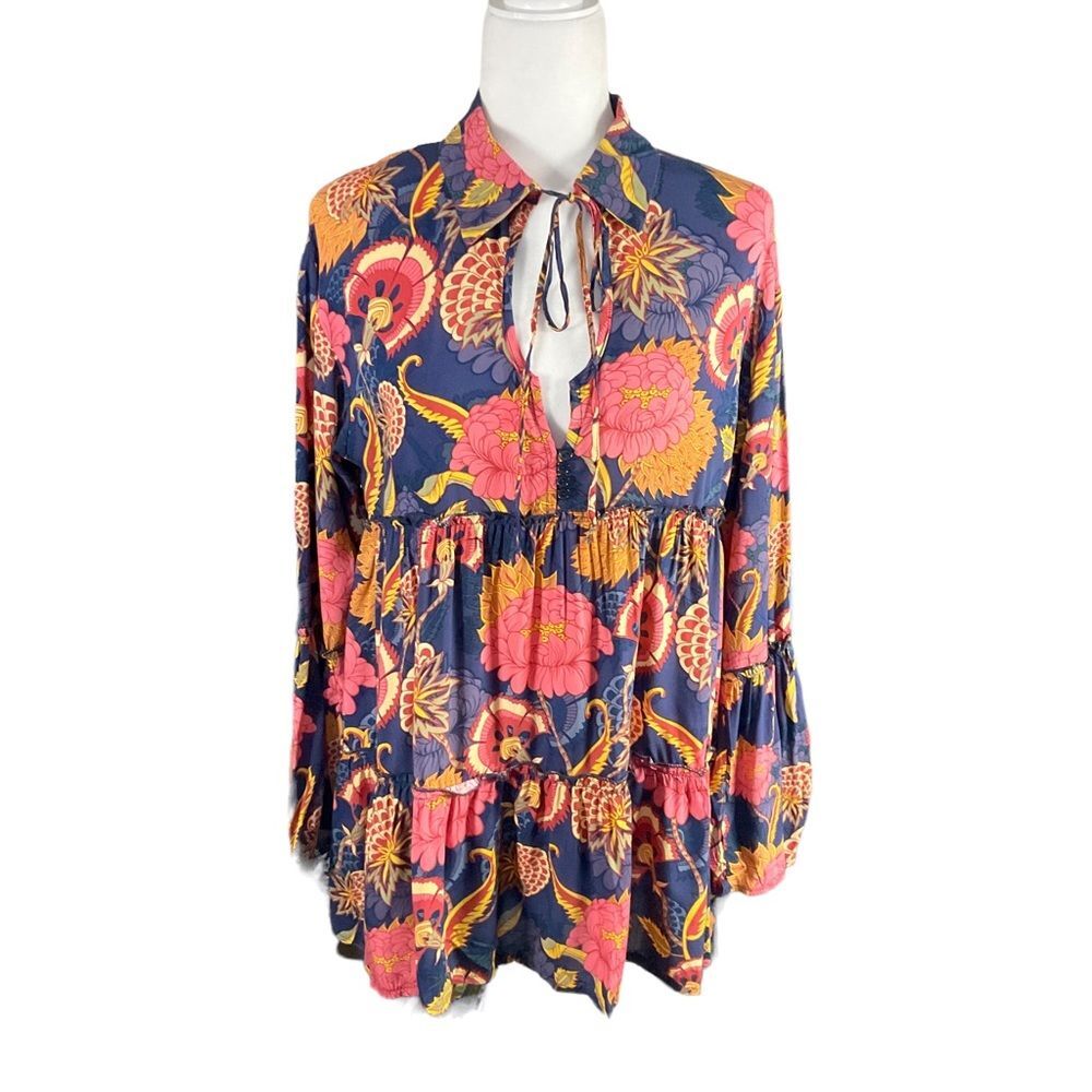 Jaase Boho Floral Long Bell Sleeve Top Size L